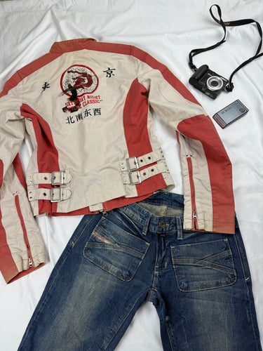Dragon cream & red zip up tight fit biker jacket (S/M)