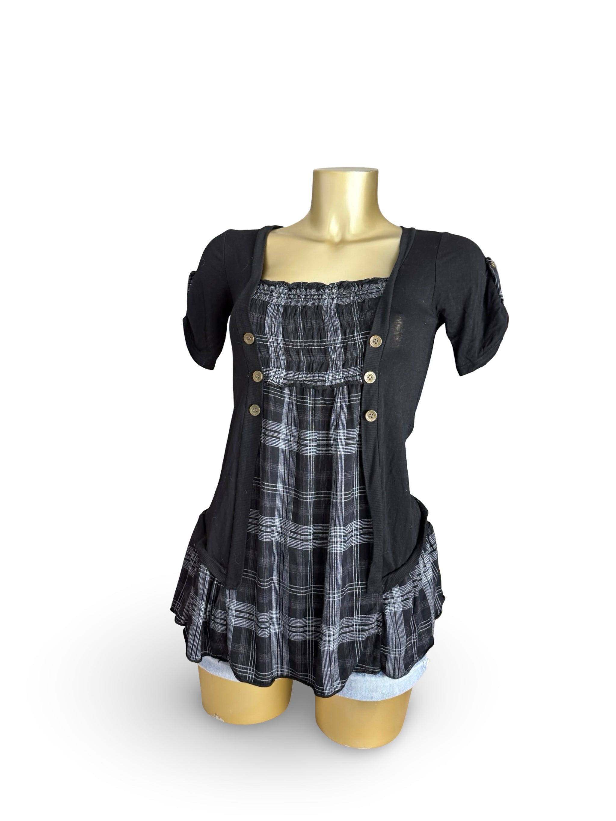 Black check print cotton tee (S/M)