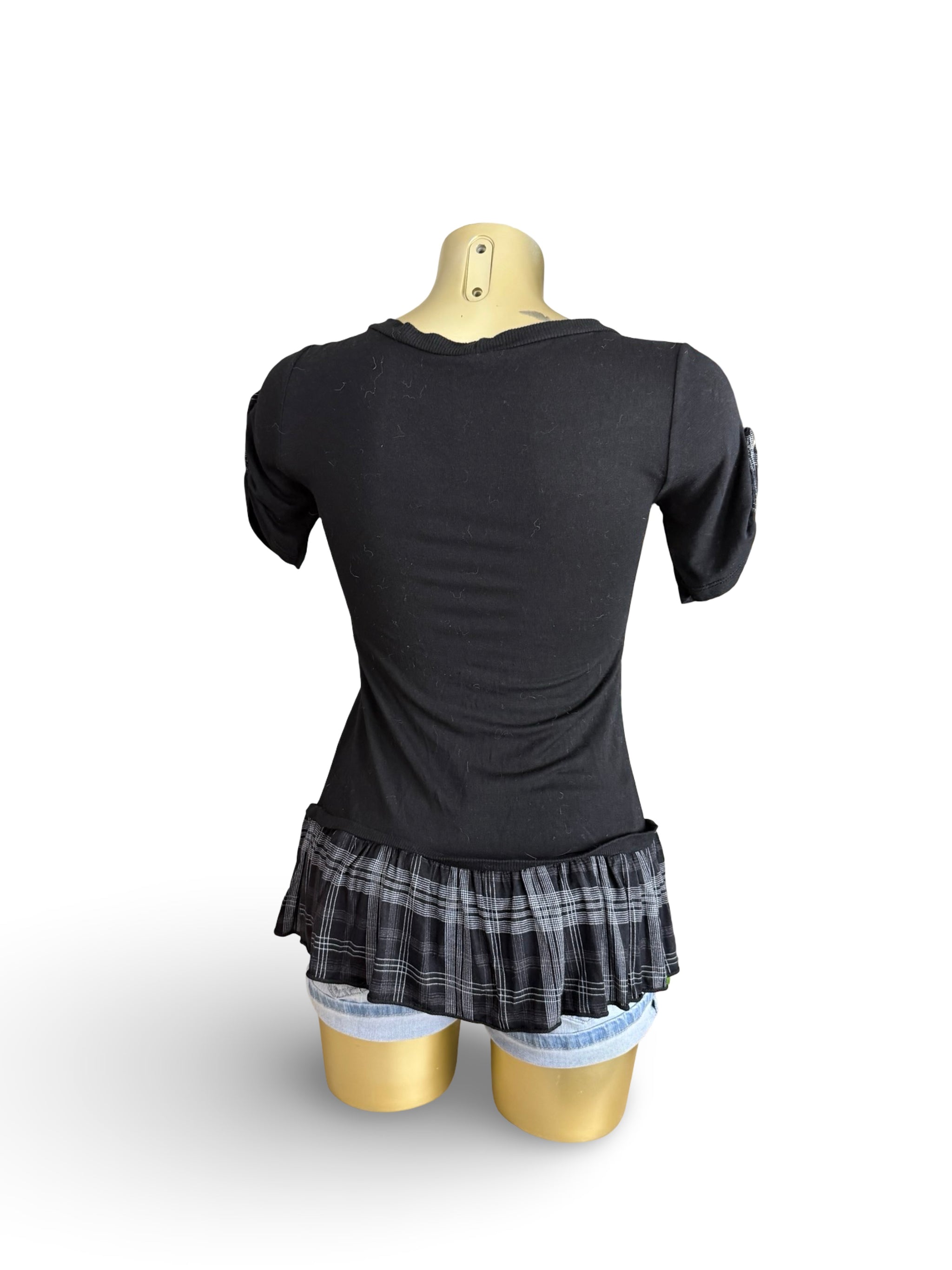Black check print cotton tee (S/M)