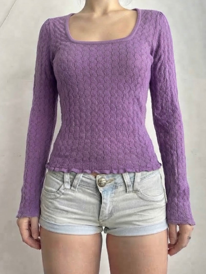 Purple lilac square neck tight fit long sleeves top (S)