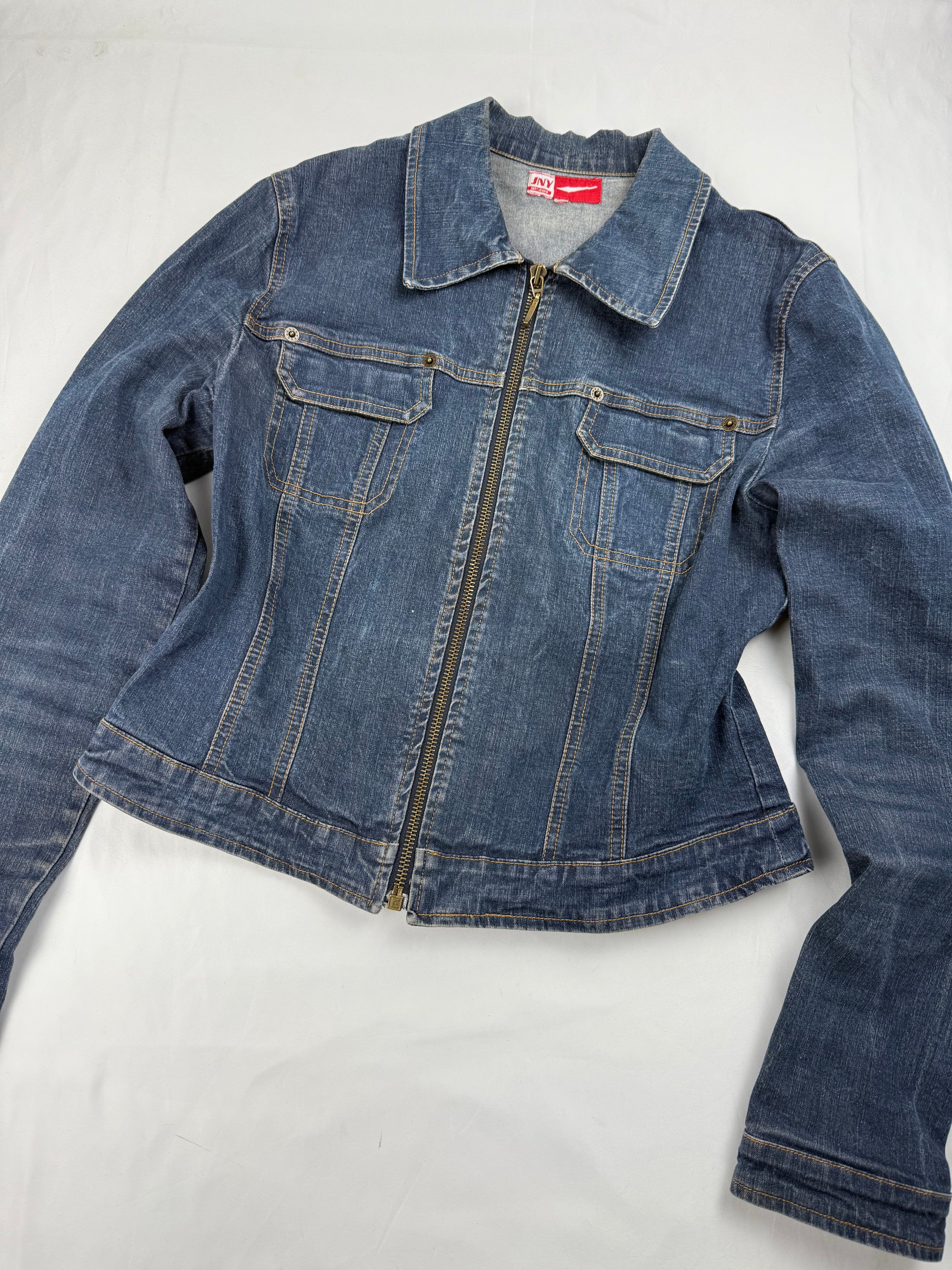 Blue denim zip up biker jacket (S)
