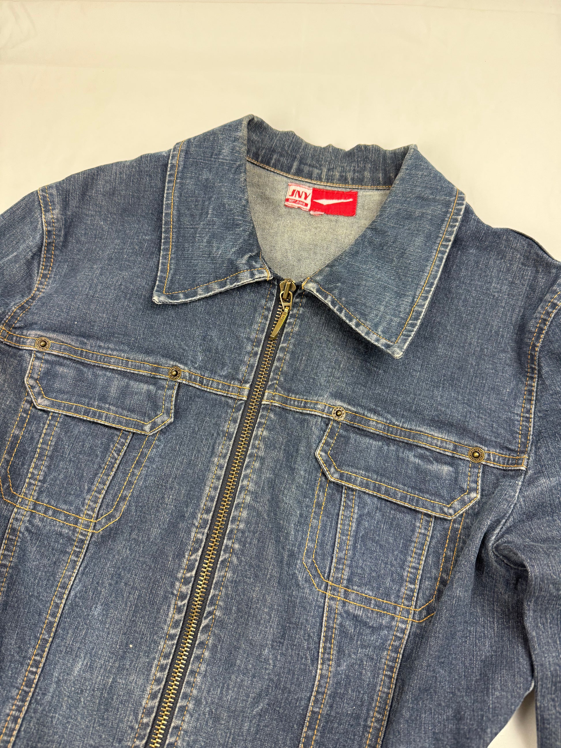 Blue denim zip up biker jacket (S)