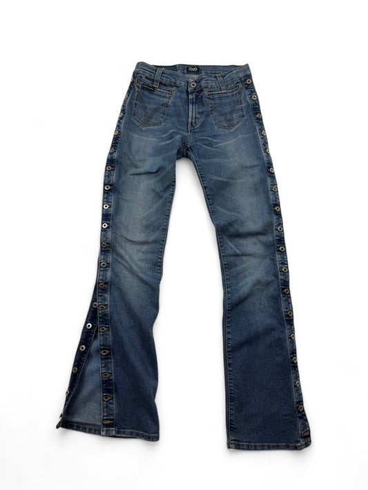 Blue denim low rise flared pants (XS)