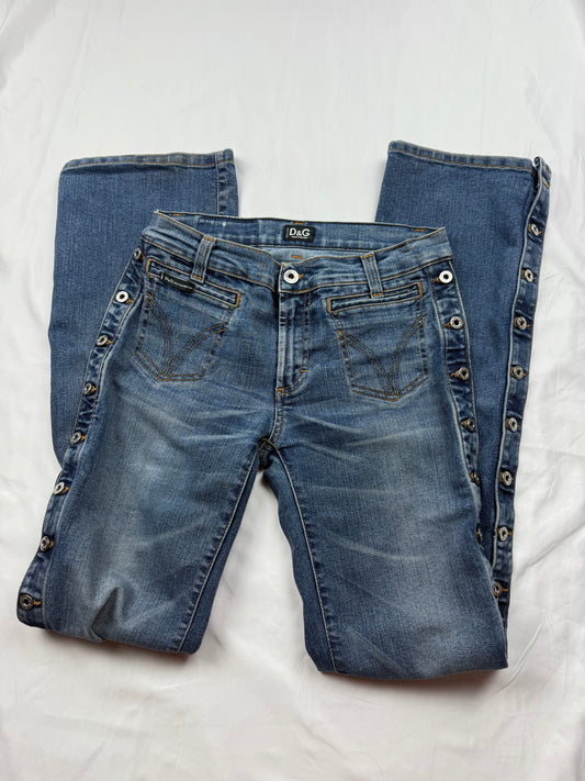 Blue denim low rise flared pants (XS)
