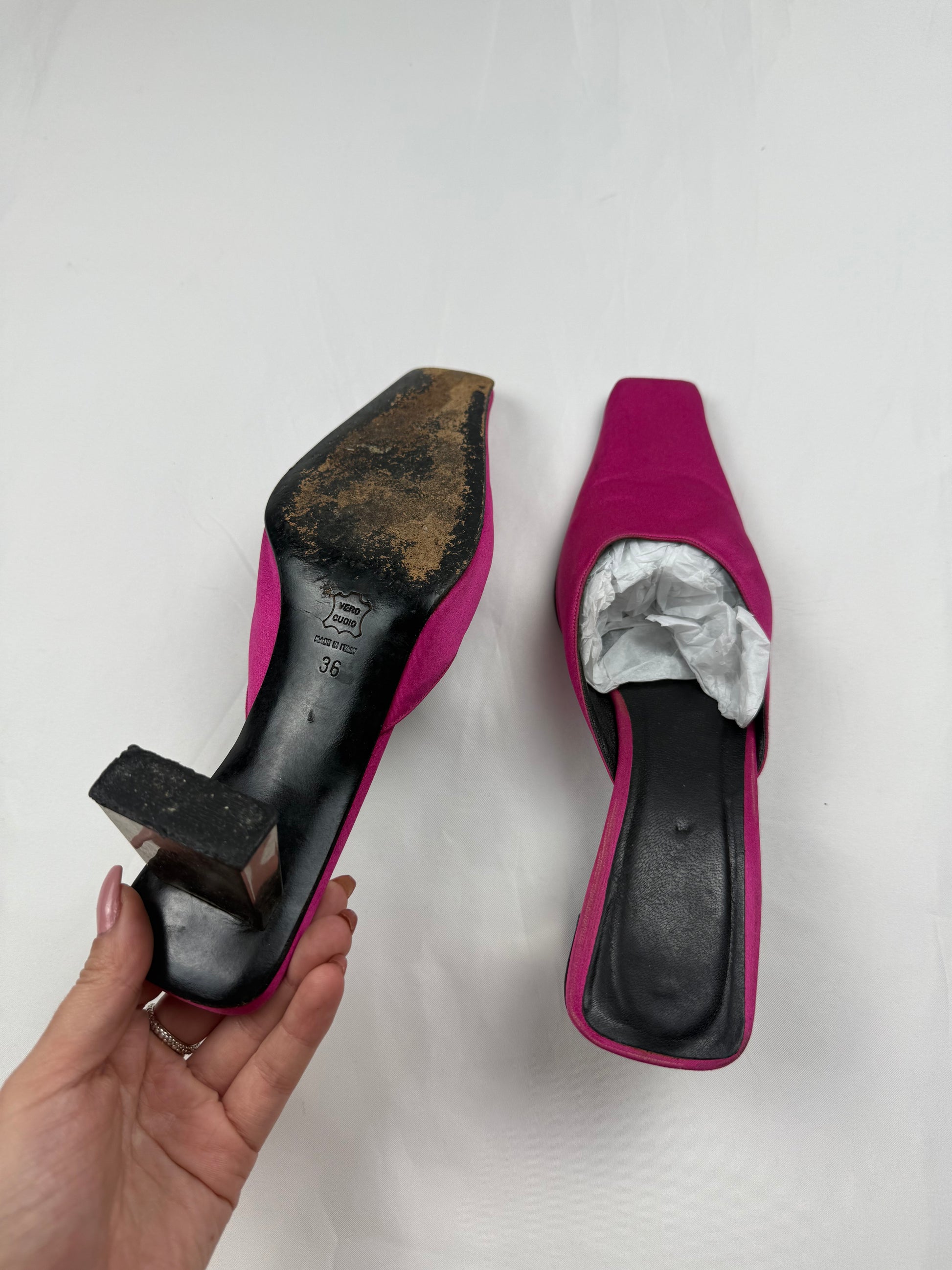 Pink silky real leather square toes heels mules (36)