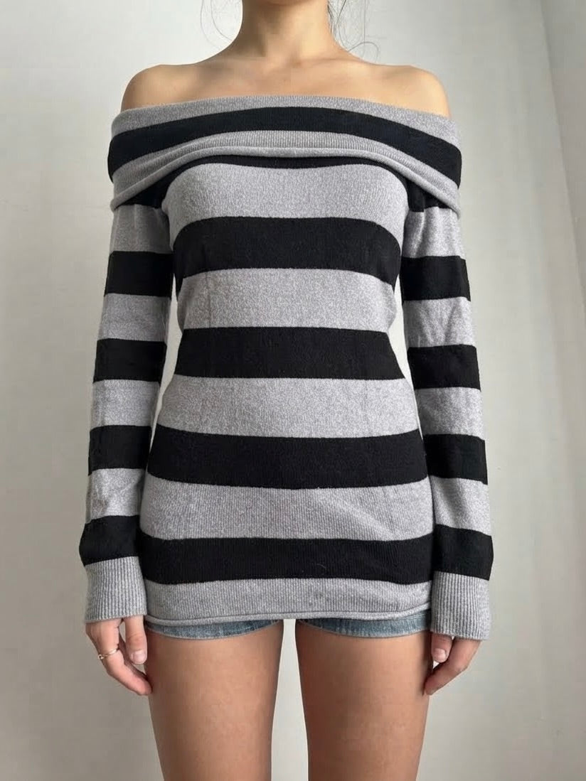 Pull à col roulé rayé gris et noir (M)