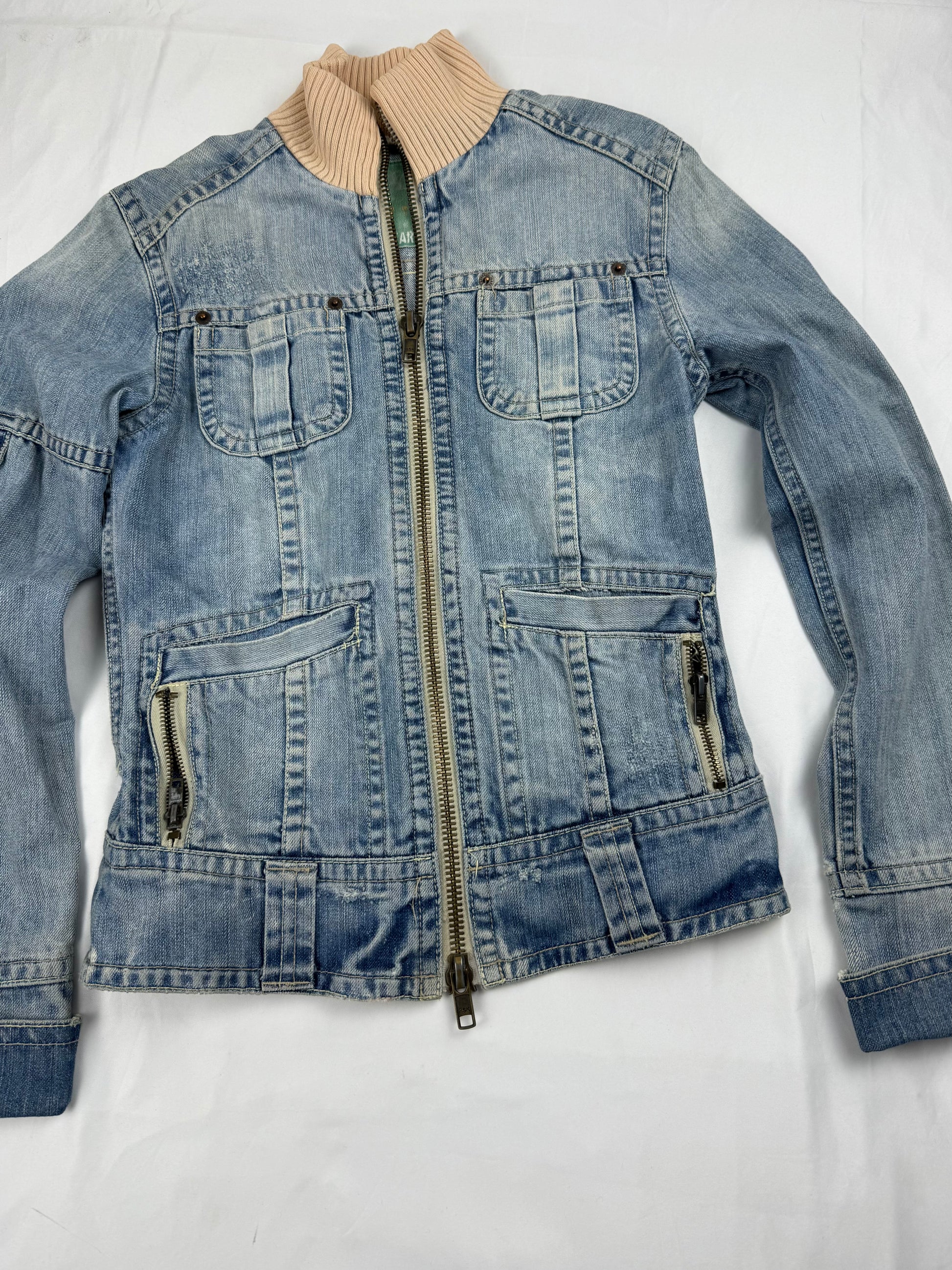 Blue denim zip up biker jacket (XS)
