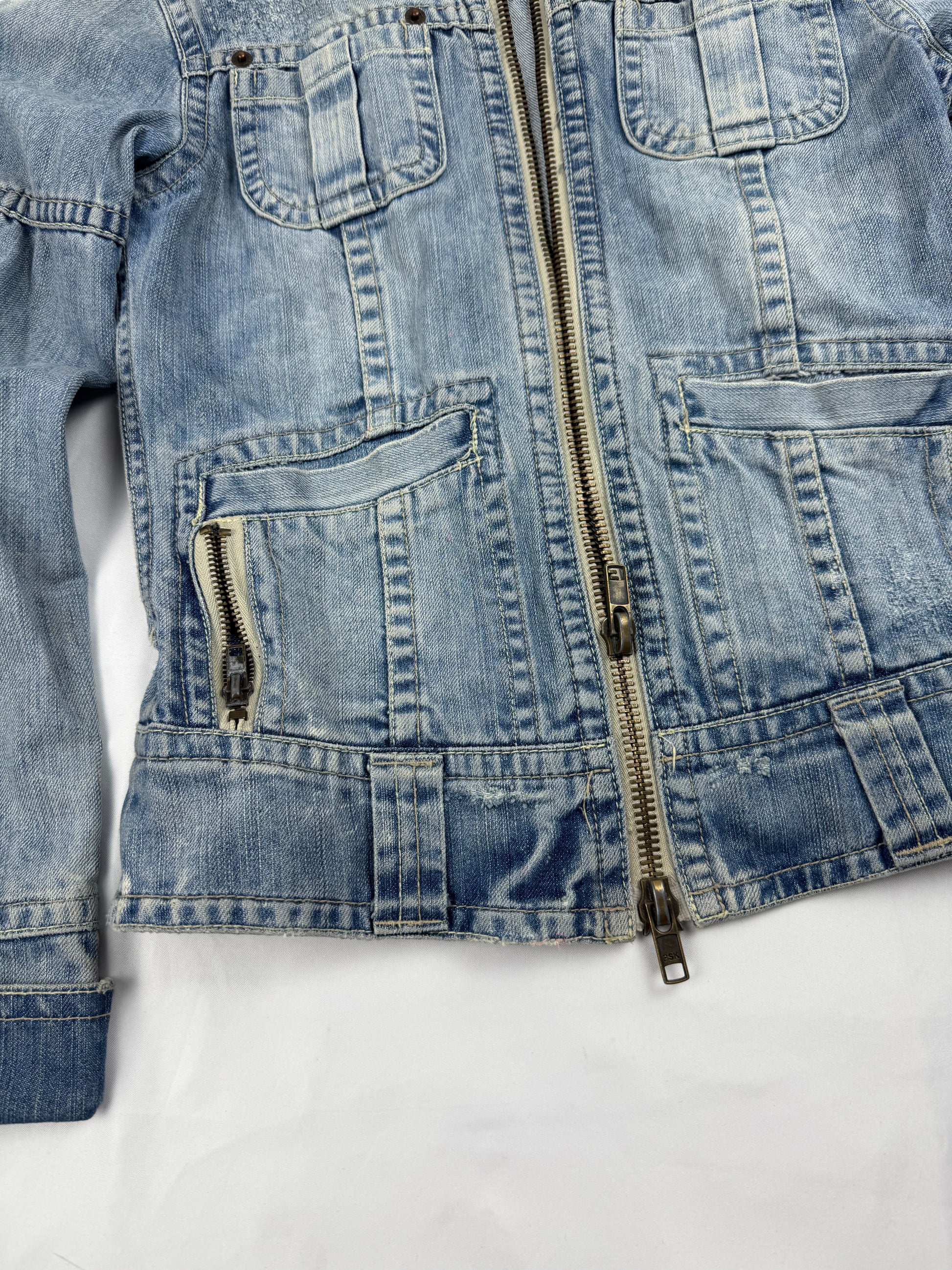 Blue denim zip up biker jacket (XS)