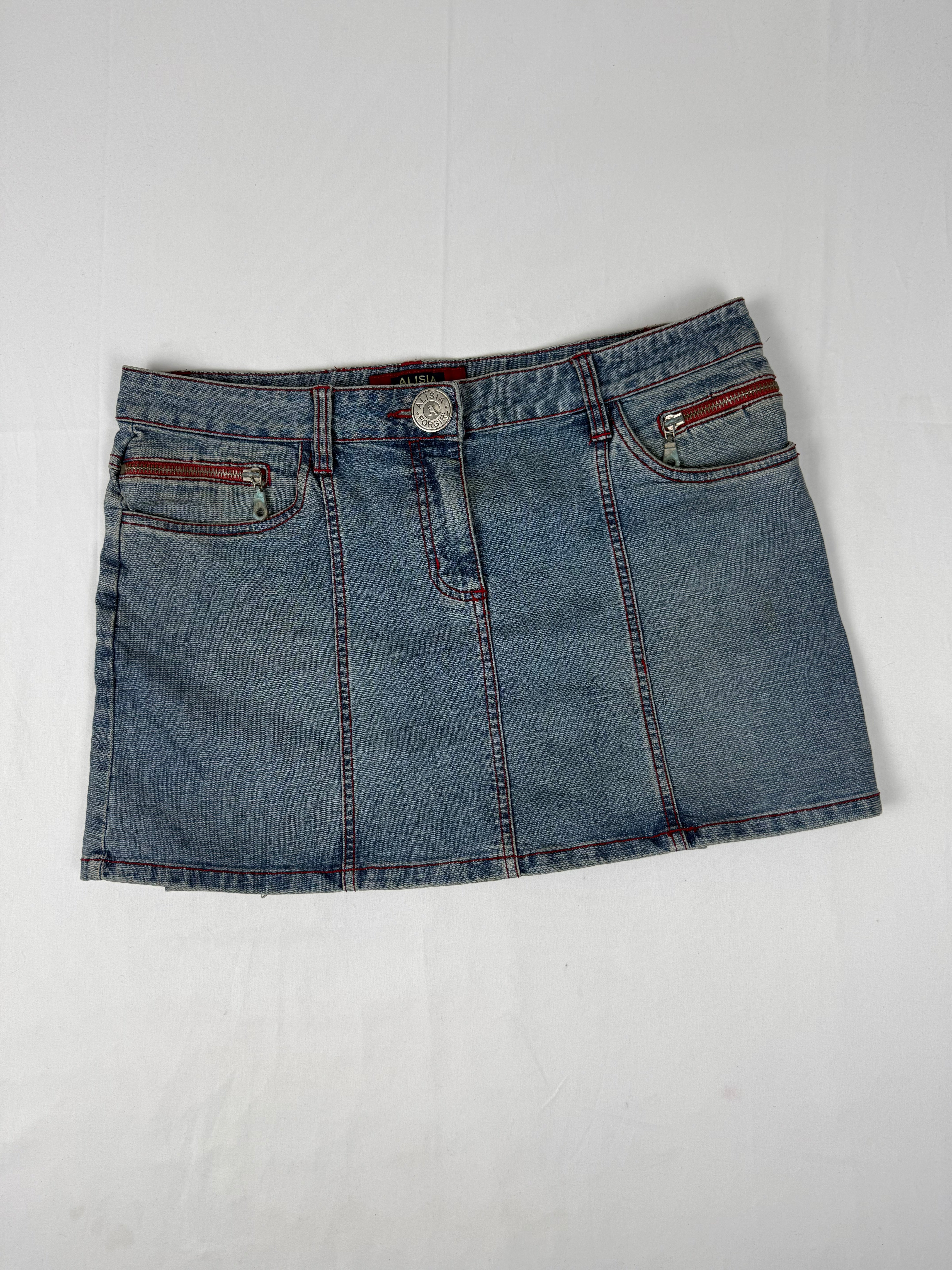 Blue denim low rise pleated mini skirt (L)