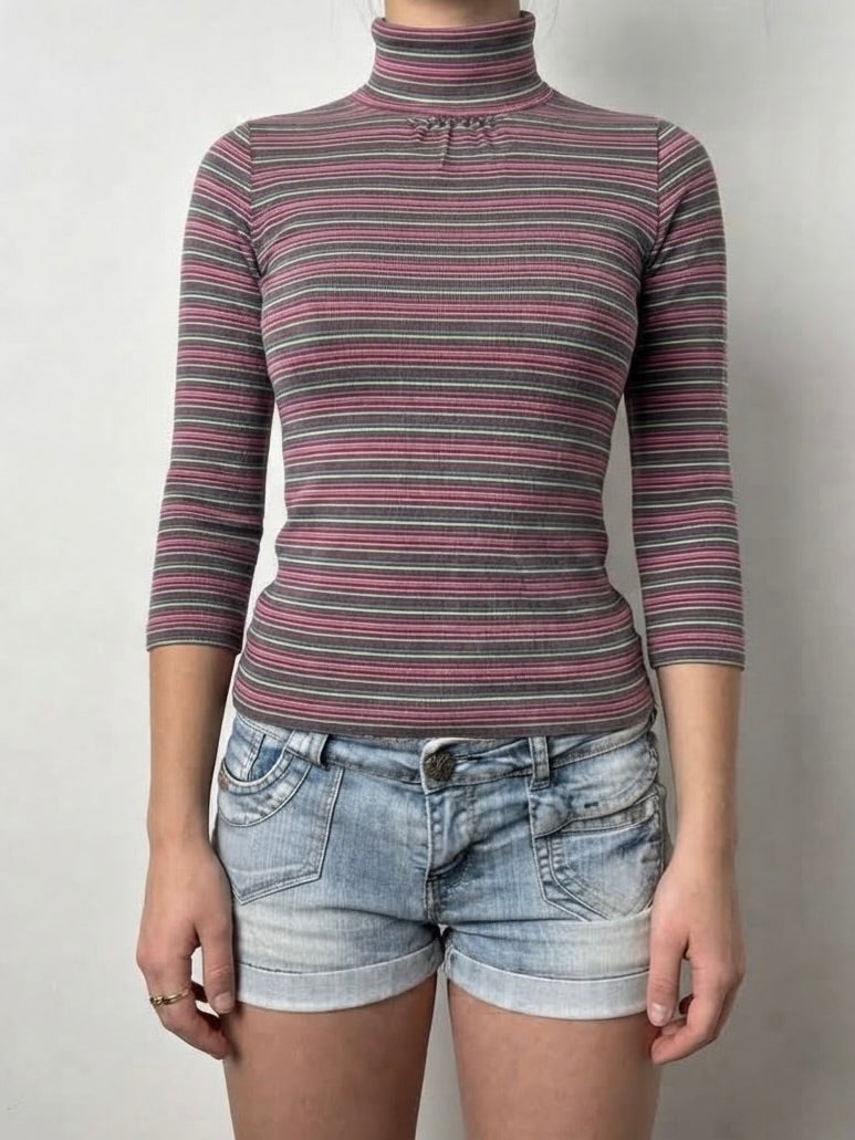 Pink & khaki striped 100% cotton long sleeves top (XS)