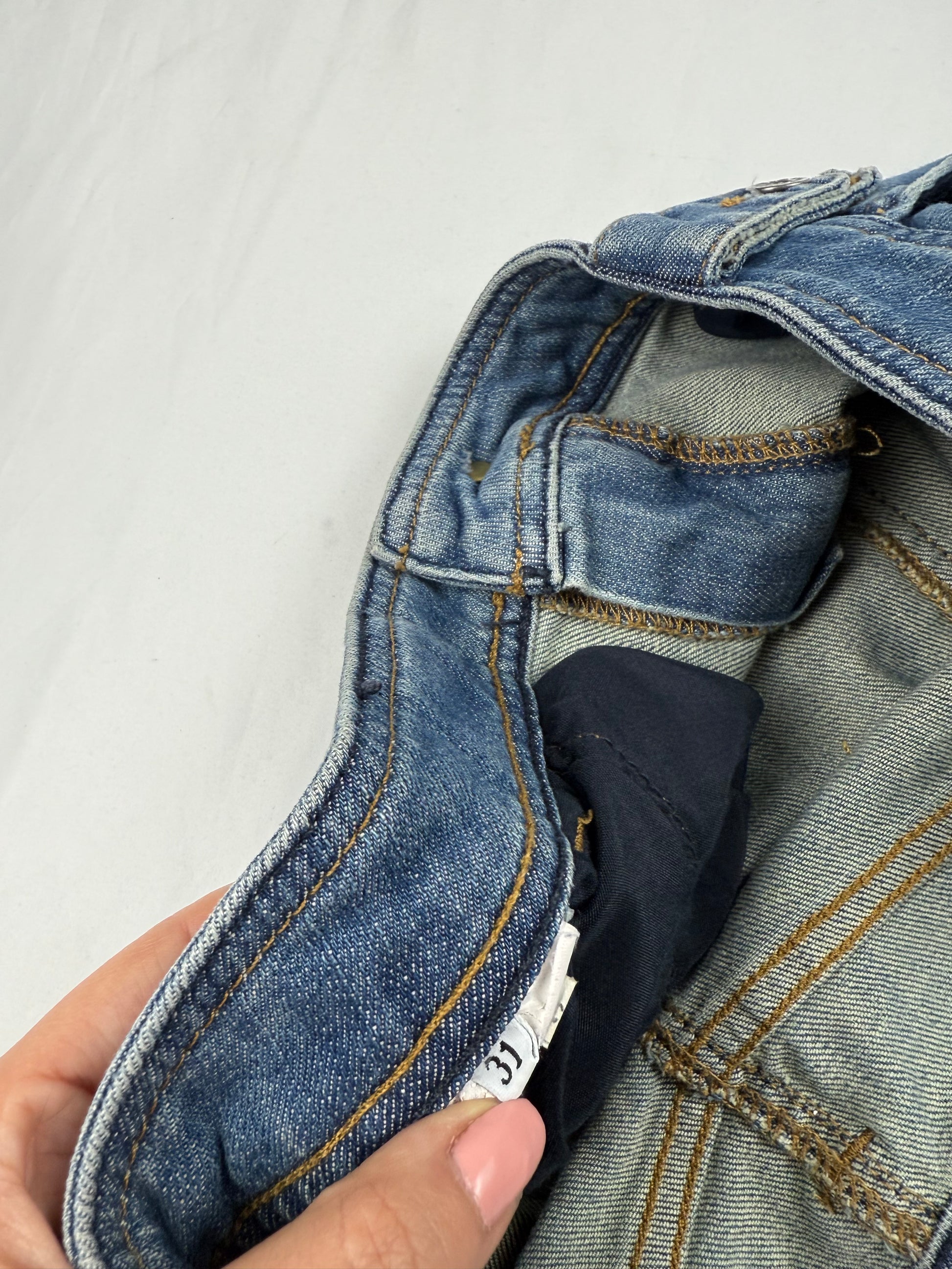 Blue denim low rise mini skirt (L)