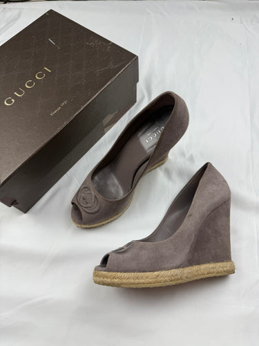 Grey suede monogram open toes wedge heels (37.5)