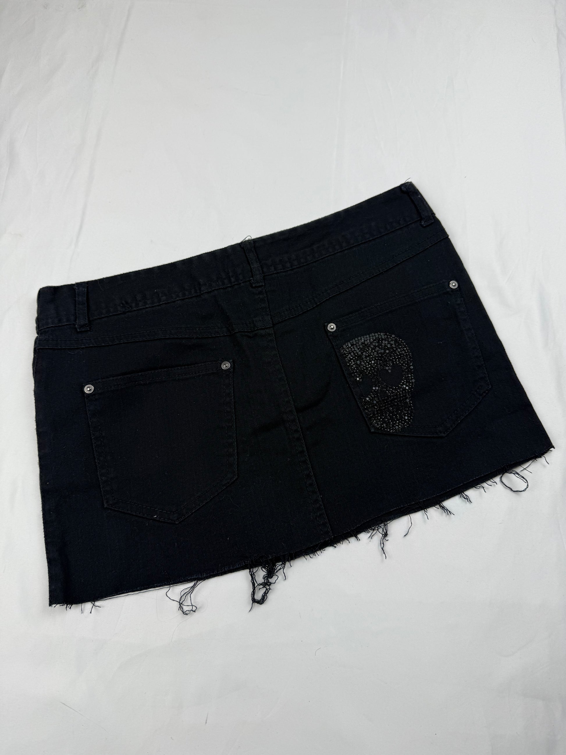 Black rhinestone low rise denim mini skirt (S)