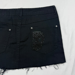 Black rhinestone low rise denim mini skirt (S)