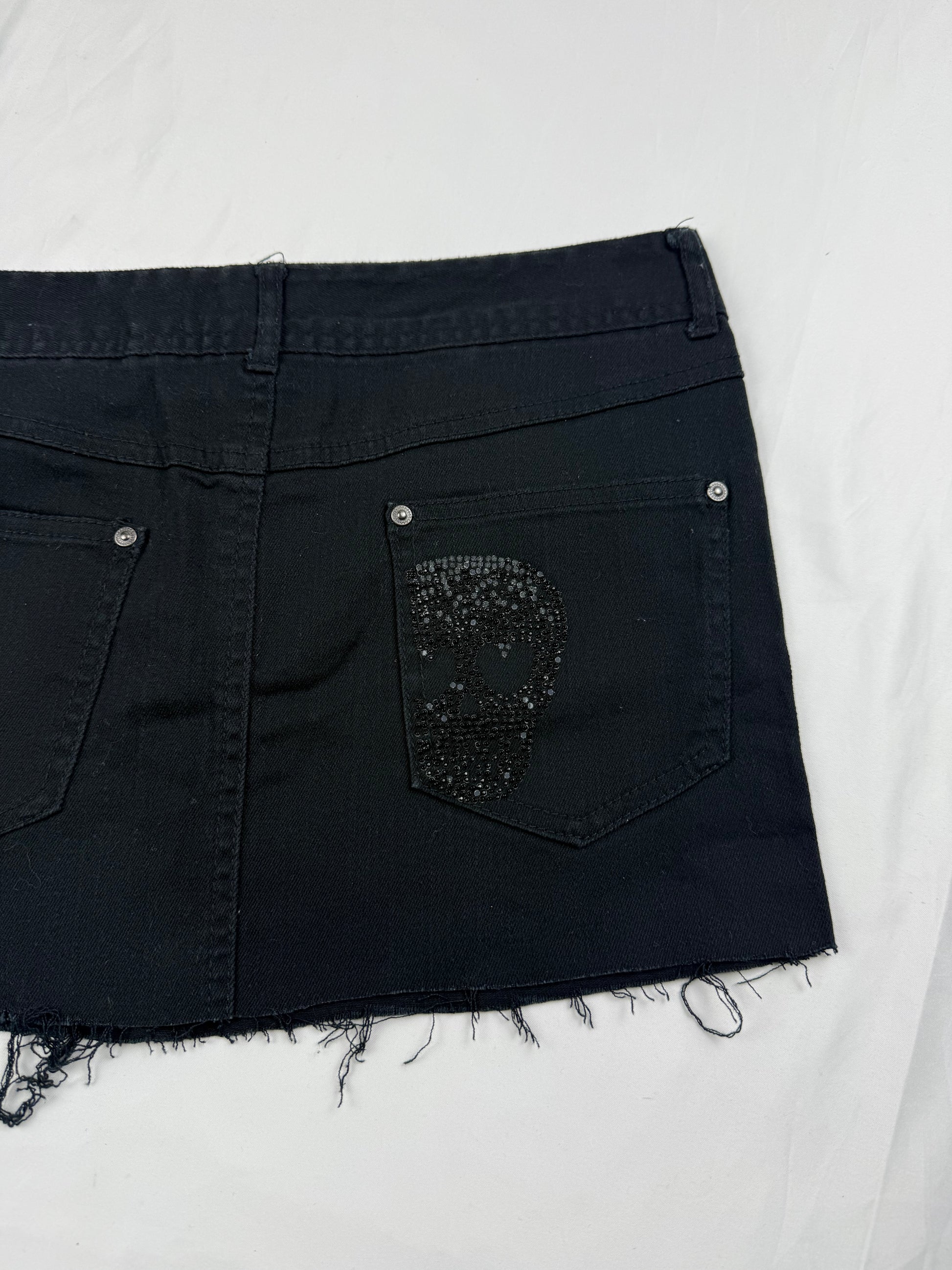 Black rhinestone low rise denim mini skirt (S)