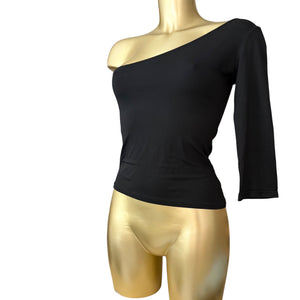 Black lycra stretchy asymmetric one shoulder long sleeves top (S/M)