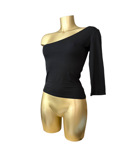 Black lycra stretchy asymmetric one shoulder long sleeves top (S/M)