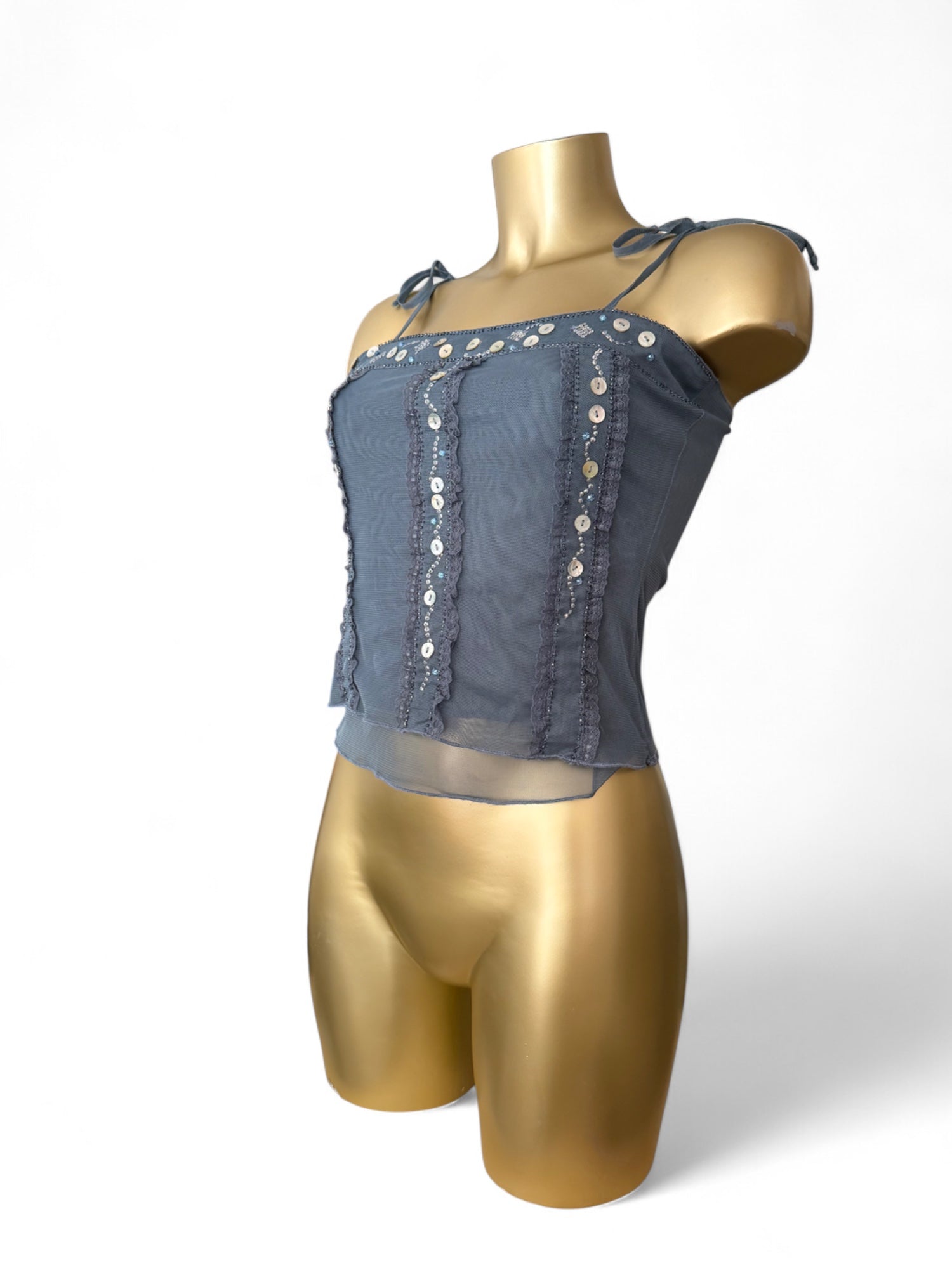 Blue mesh lined sequins tie up cami top (S)
