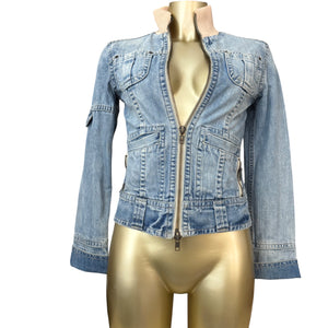 Blue denim zip up biker jacket (XS)