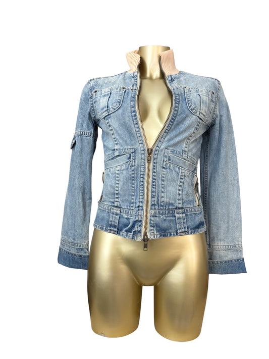 Blue denim zip up biker jacket (XS)