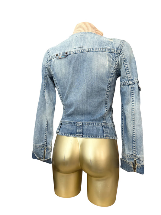 Blue denim zip up biker jacket (XS)