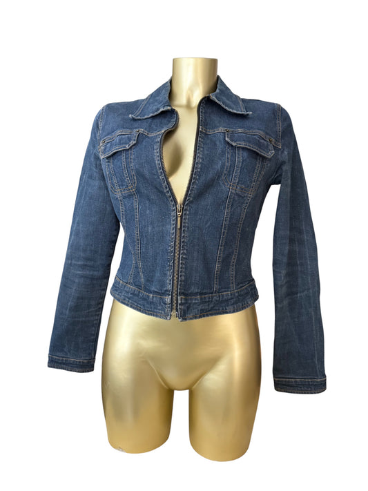 Blue denim zip up biker jacket (S)