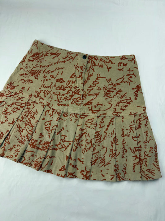 Beige graphic denim velvet pleated mini skirt (S/M)