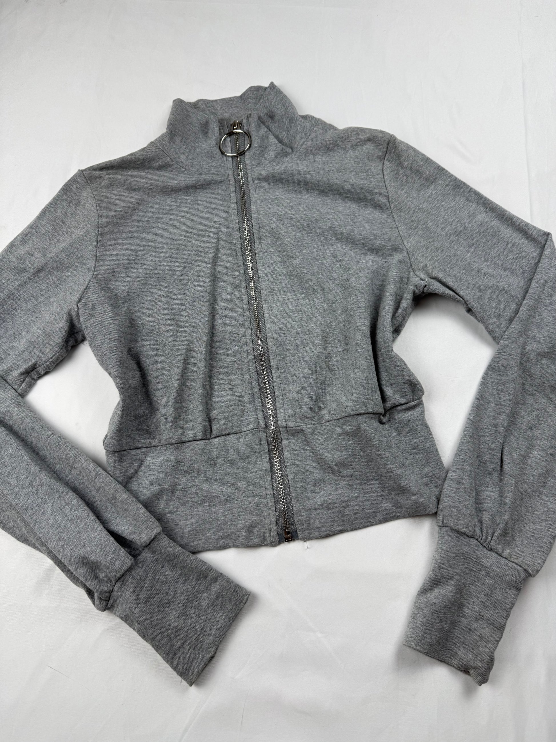 Grey cropped tight fit cotton zip up sweatshirt (S)