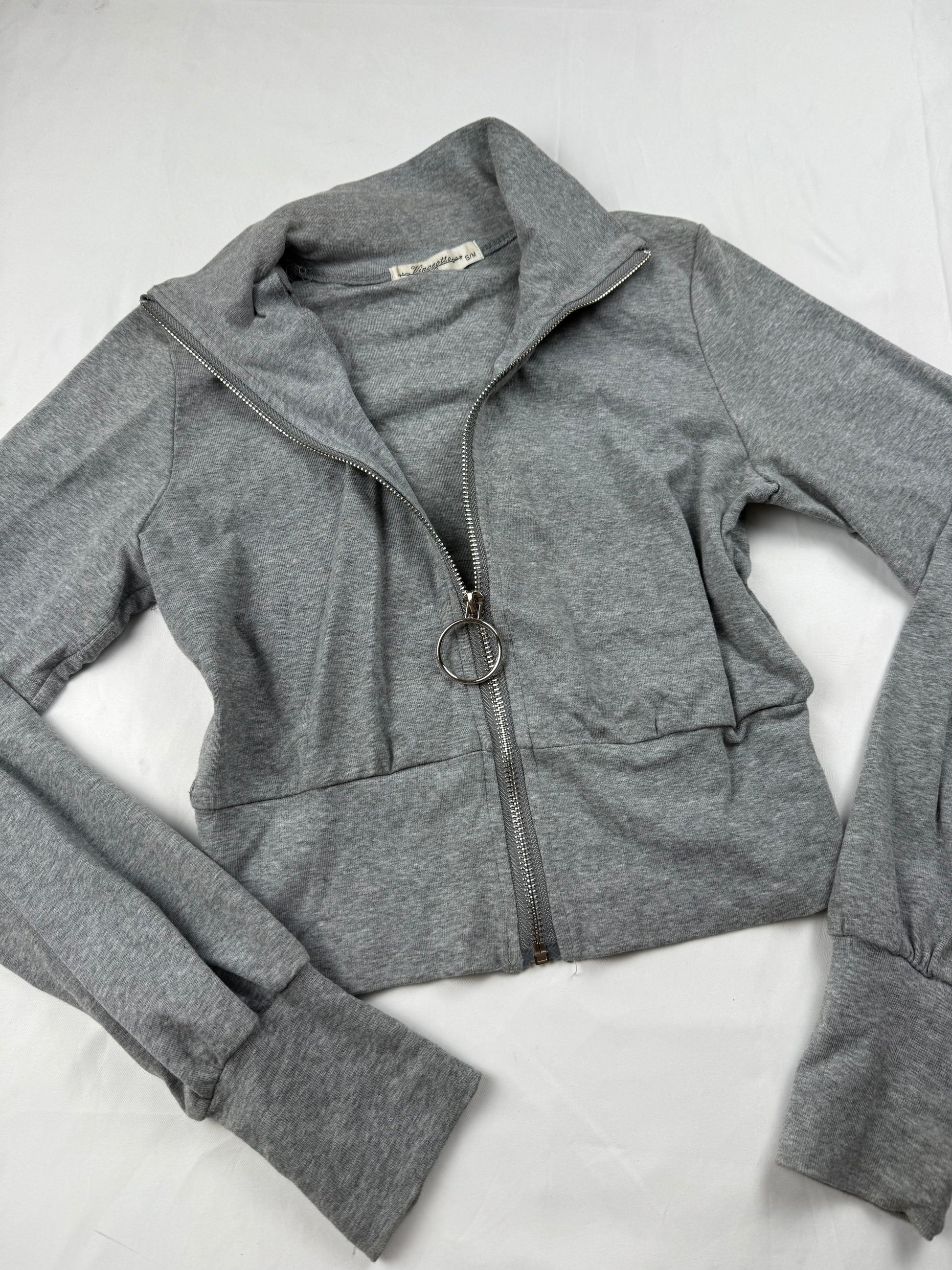 Grey cropped tight fit cotton zip up sweatshirt (S)