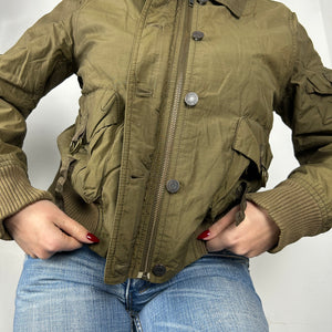 Khaki utility zip up biker jacket (M)