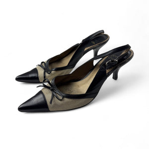 Beige real leather pointed toes kitten heels (37.5)