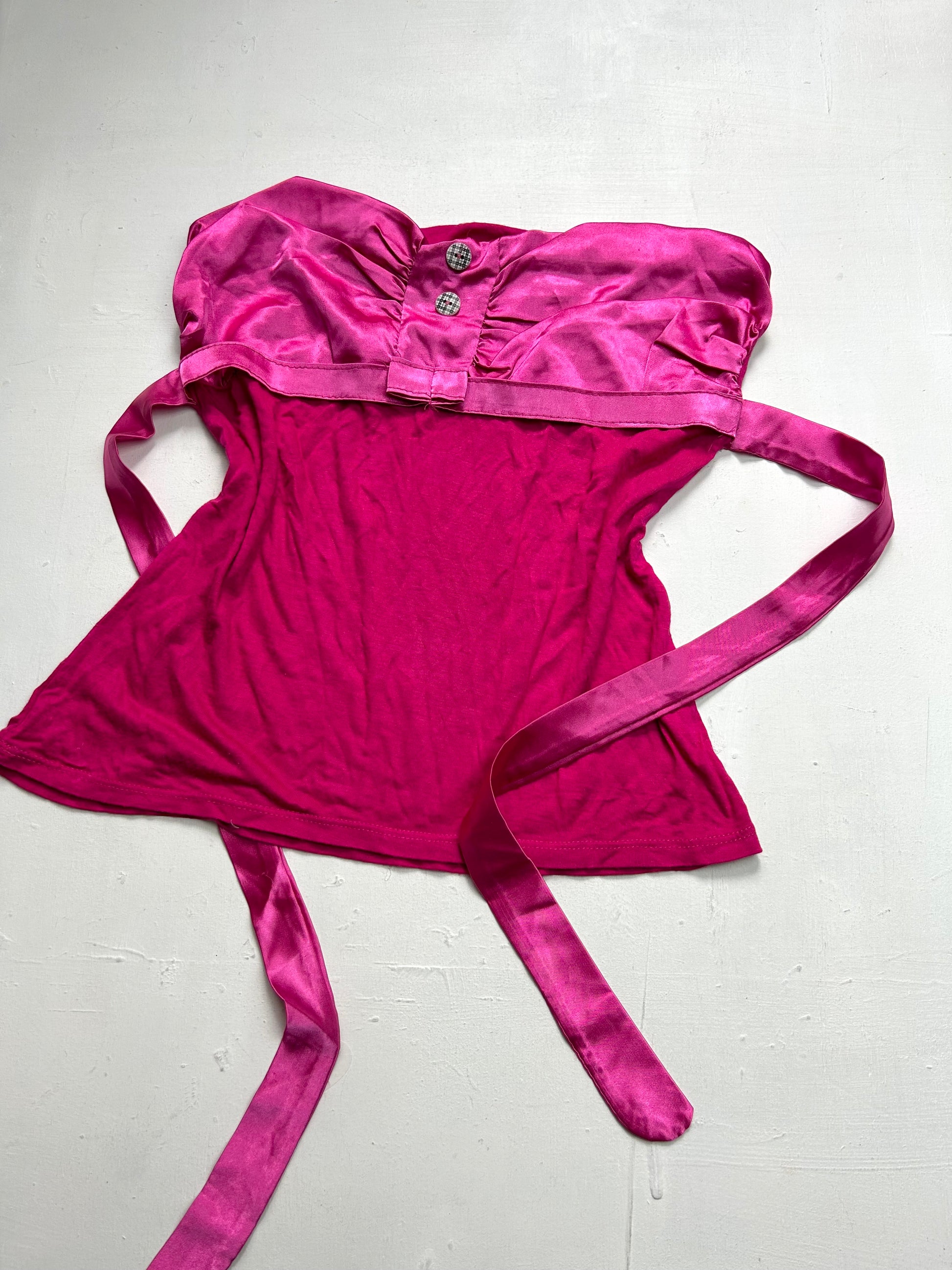 Pink tie up silk bustier boob tube top (S/M)
