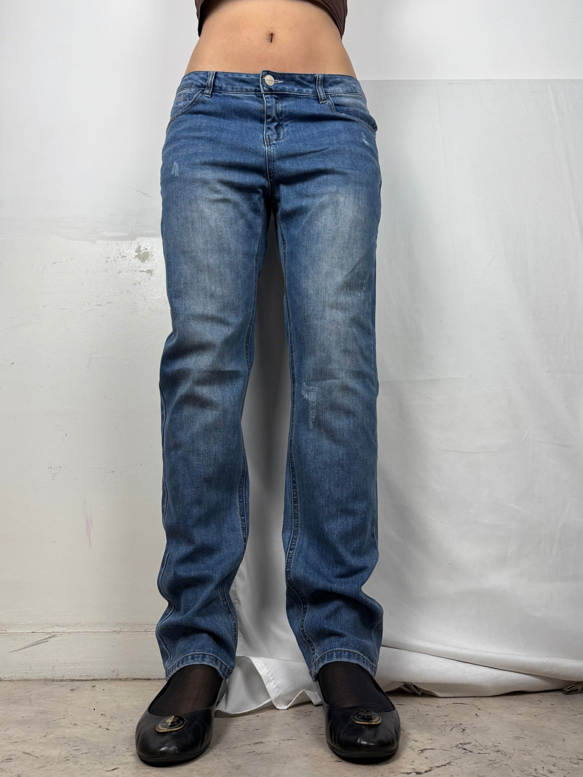 Blue low rise straight legs denim pants (M)