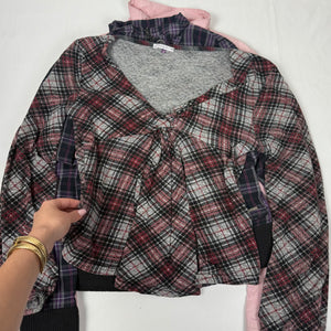 Cotton check print V neck long sleeves top (L)
