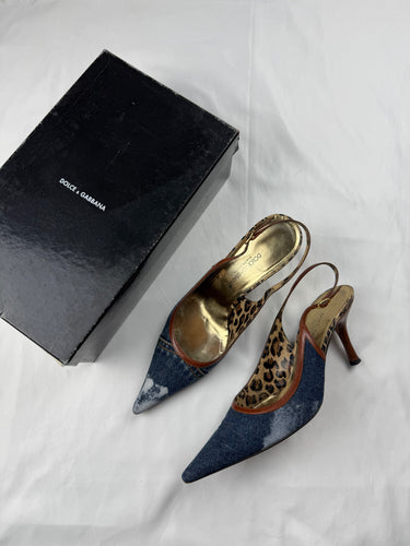 Denim & panther pointed toes real leather heels (37.5)