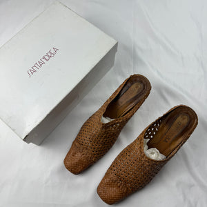 Brown real leather square toes kitten heels mules (39)