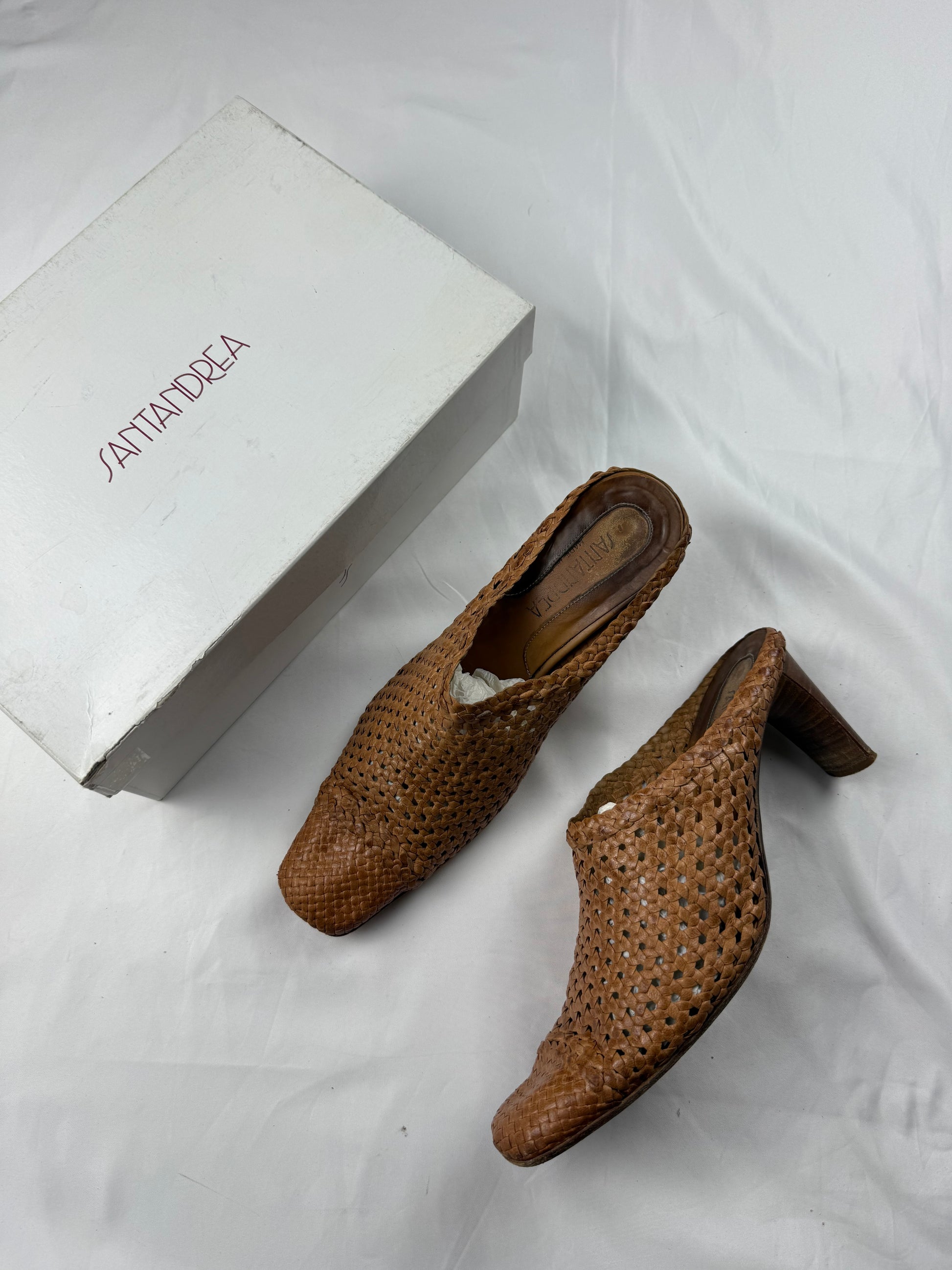 Brown real leather square toes kitten heels mules (39)