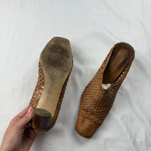 Brown real leather square toes kitten heels mules (39)