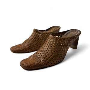 Brown real leather square toes kitten heels mules (39)