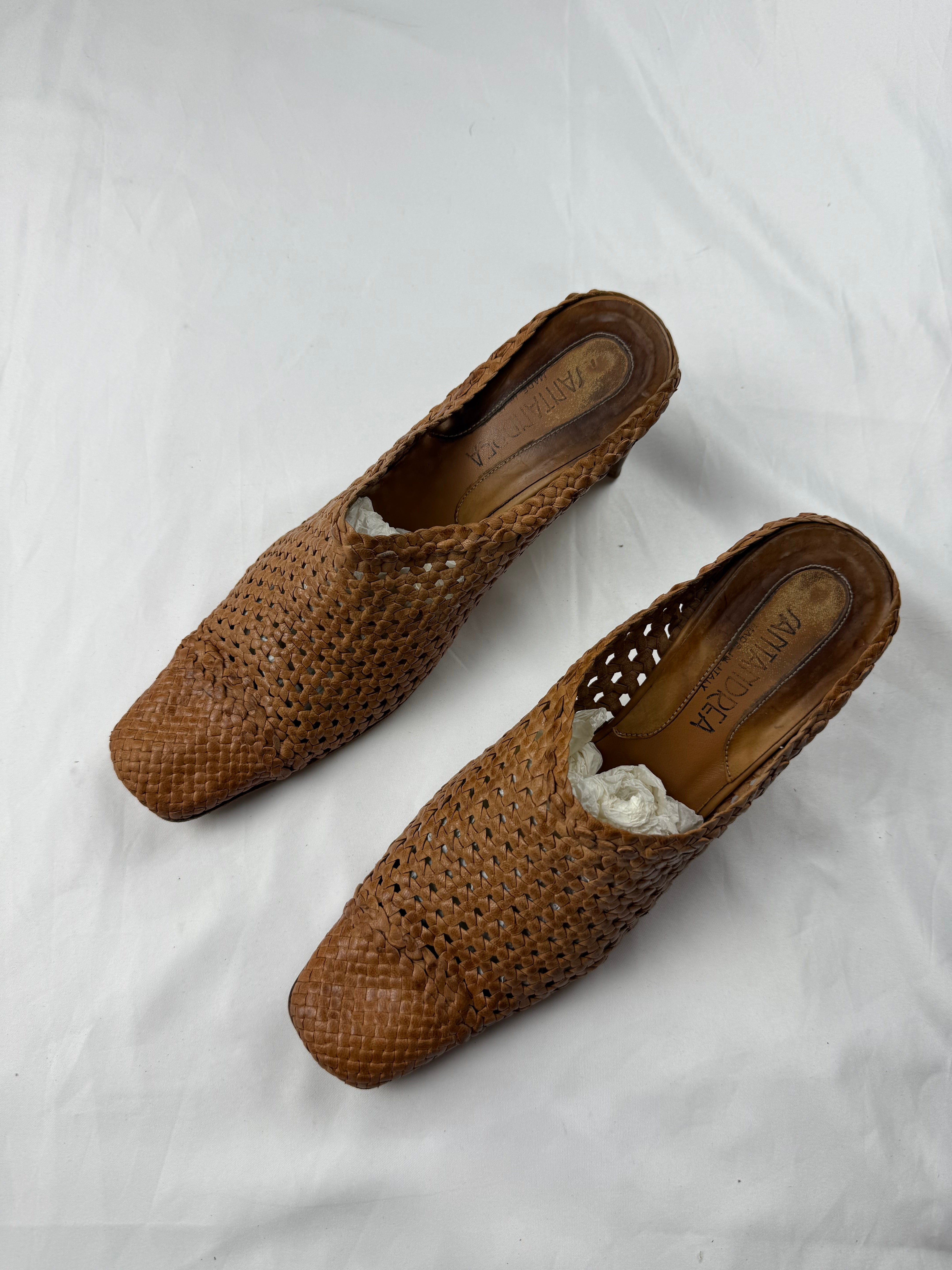 Brown real leather square toes kitten heels mules (39)
