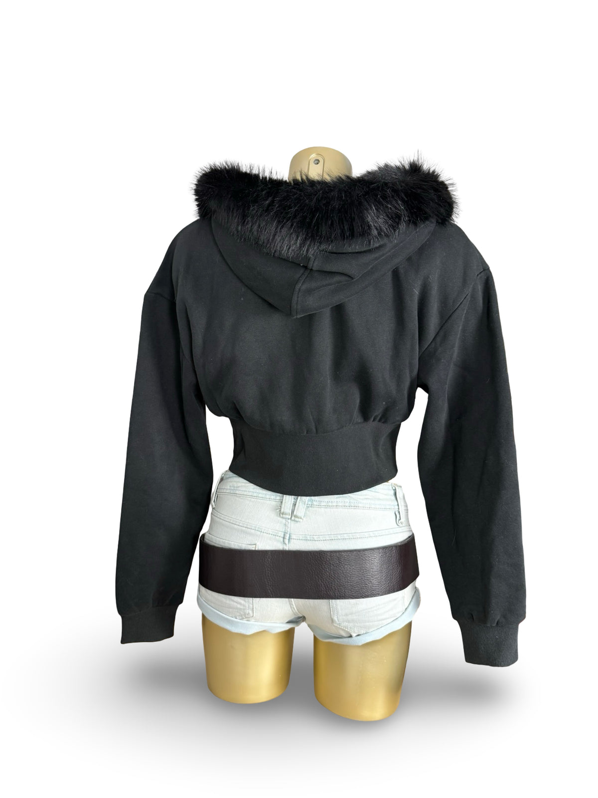Black zip up crop faux fur hoodie (M)