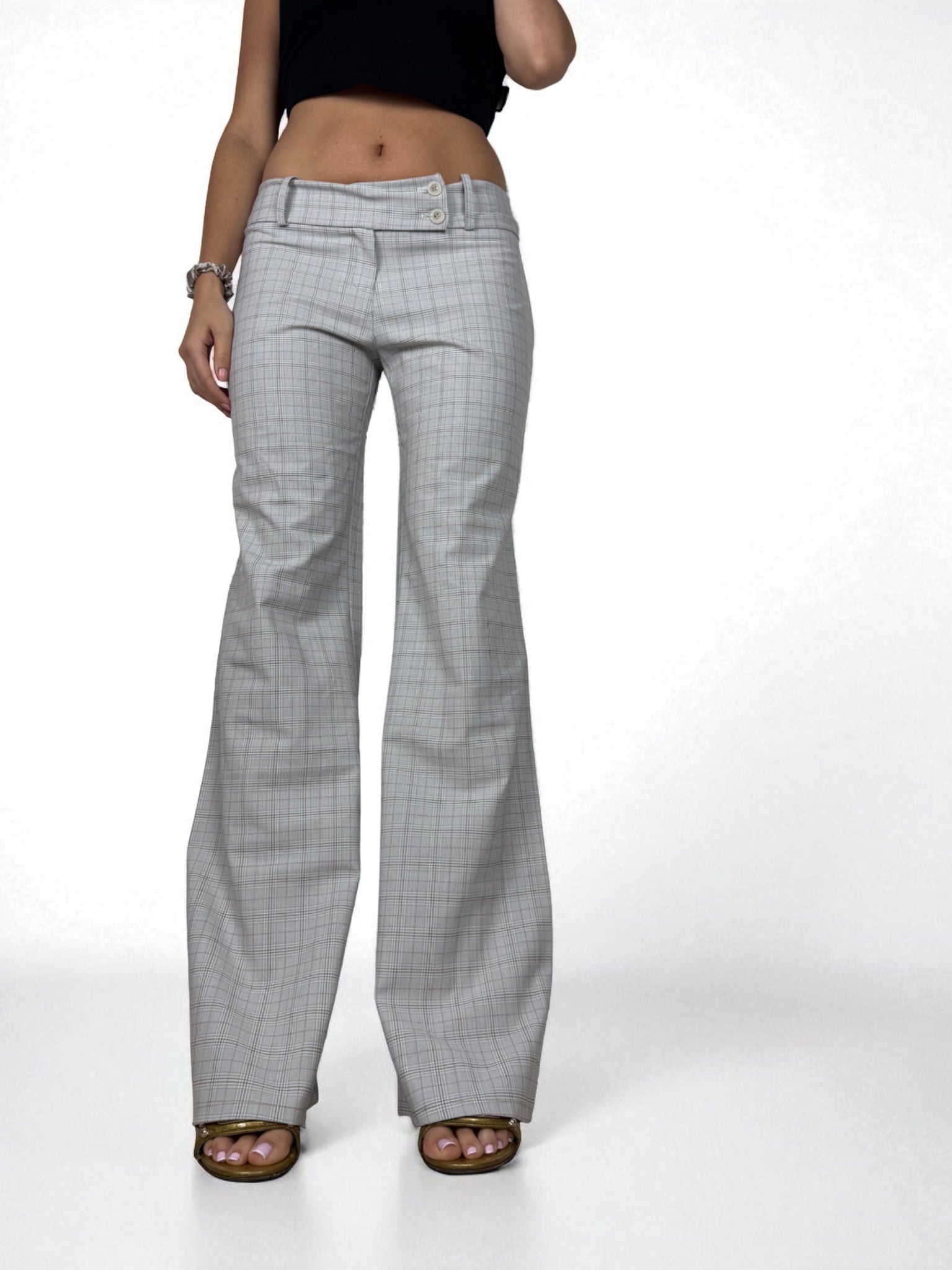 Grey check print low rise office baggy flared pants (M)