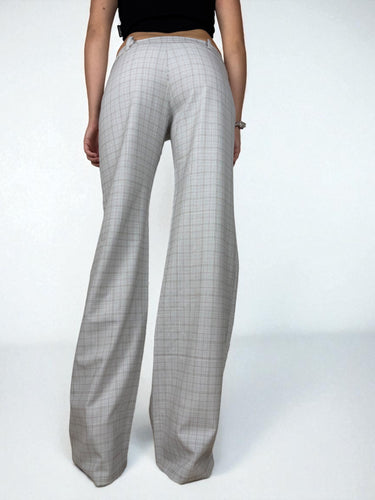 Grey check print low rise office baggy flared pants (M)
