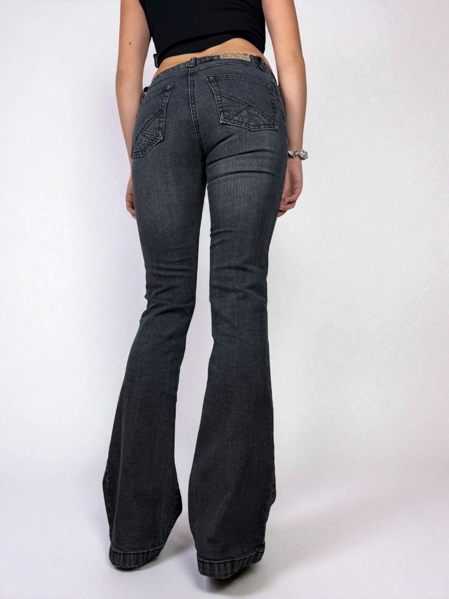 Black denim mid rise flared pants (XS)