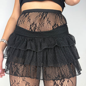Black mesh low rise pleated mini skirt (S)