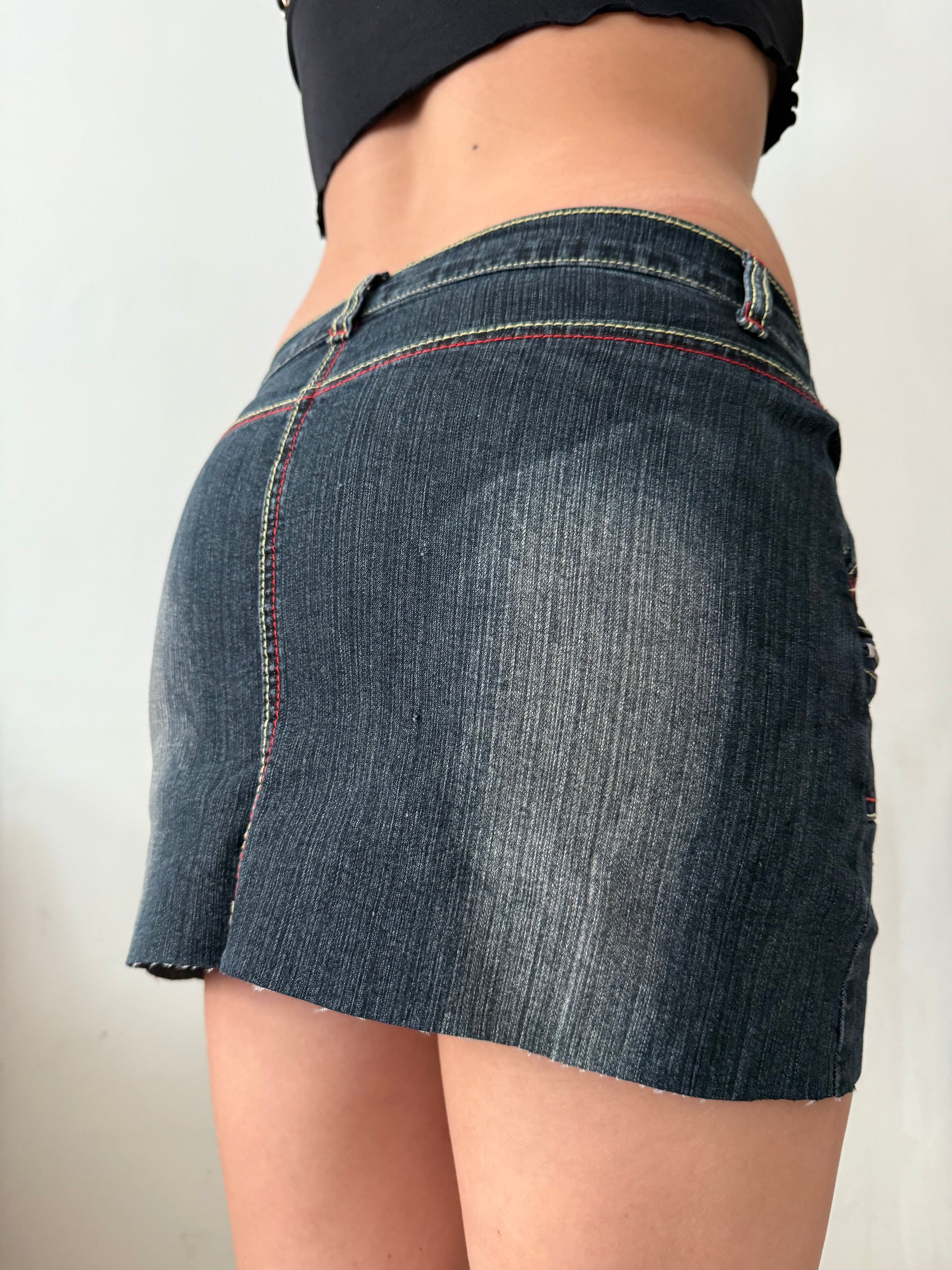 Blue navy denim low rise mini skirt (S)