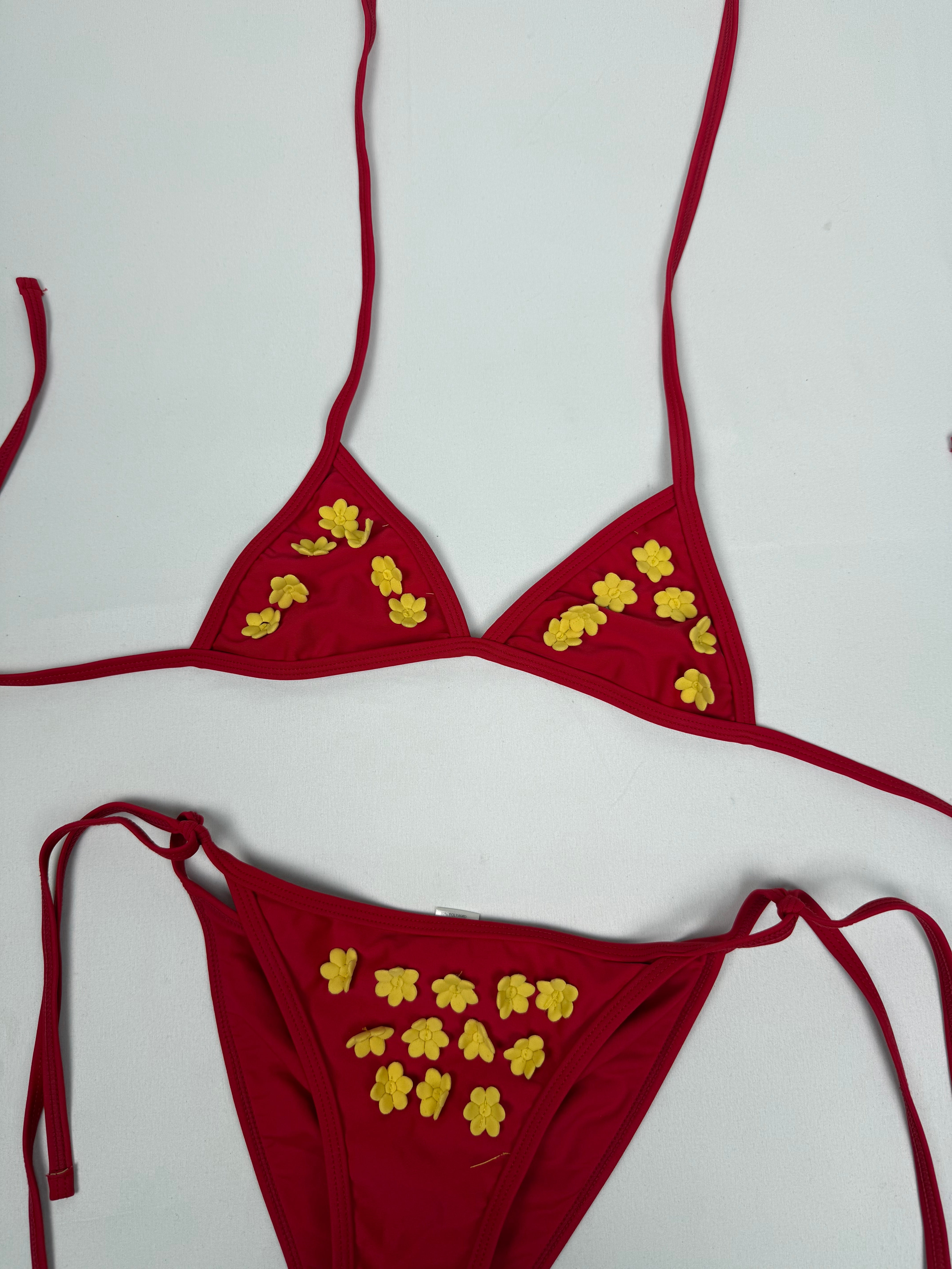 Red flower appliquée low rise bikini set (XS)