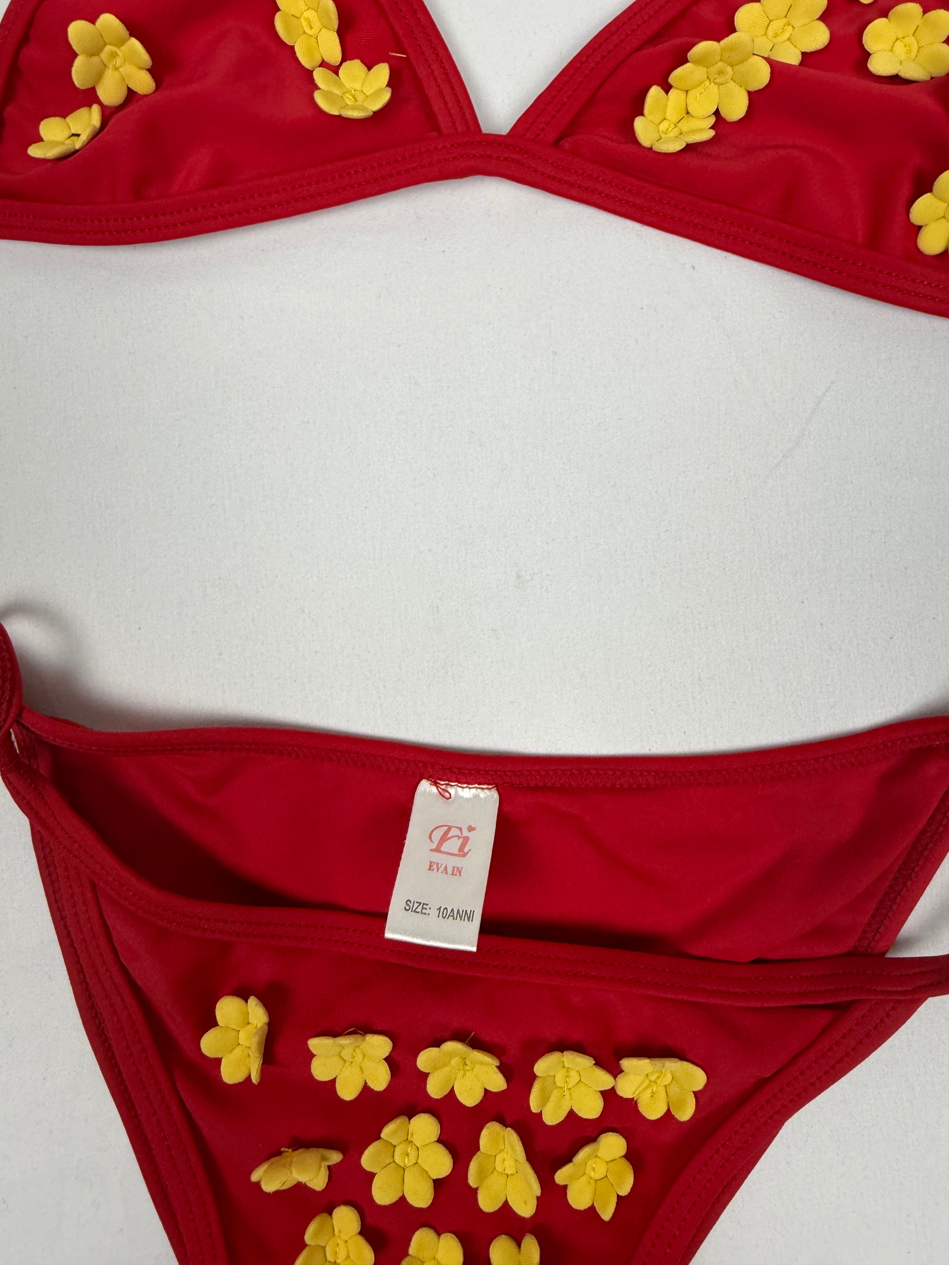 Red flower appliquée low rise bikini set (XS)