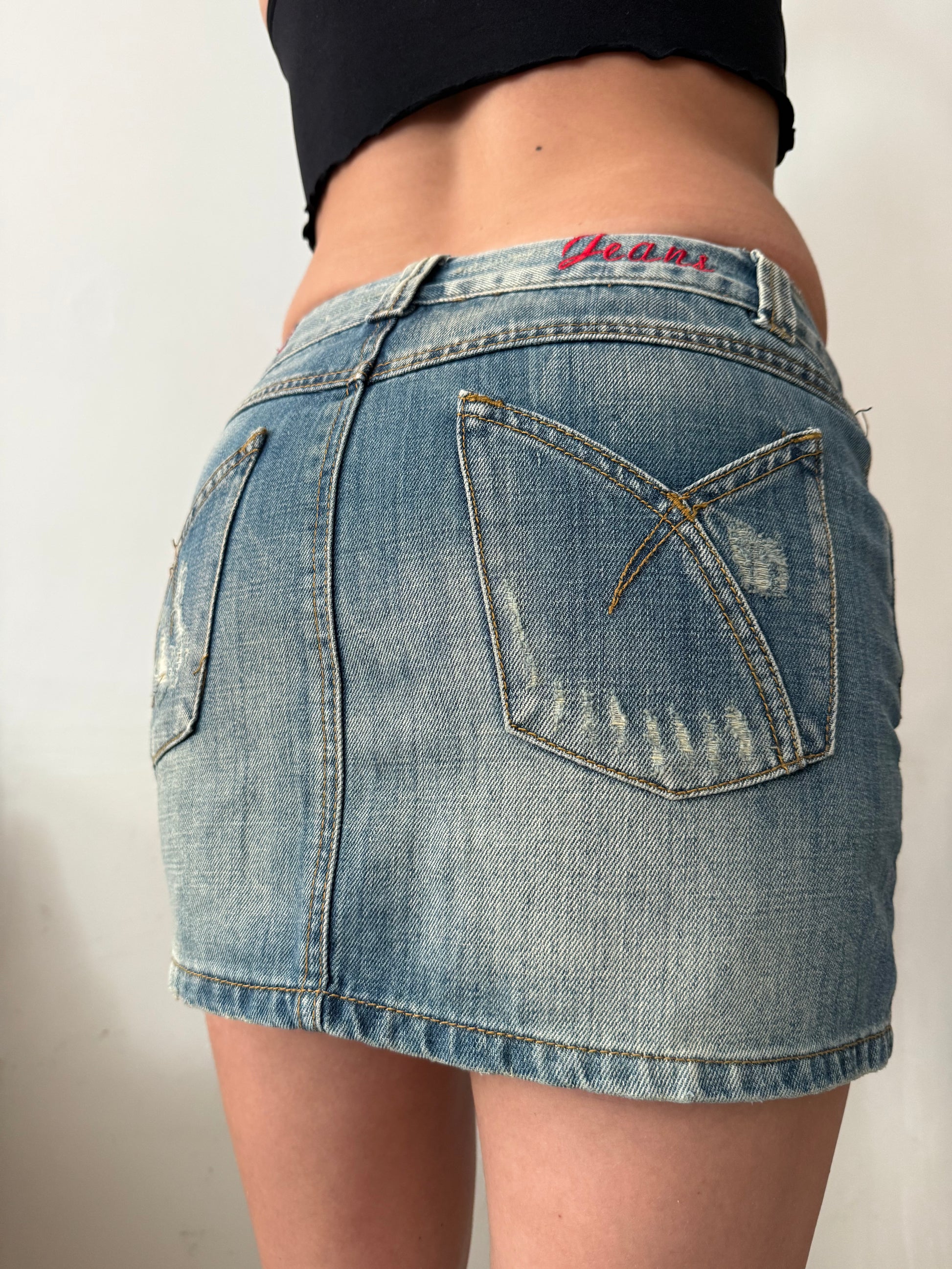 Blue navy denim low rise mini skirt (XS)