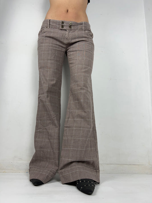 Beige check print low rise office flare pants (S/M)